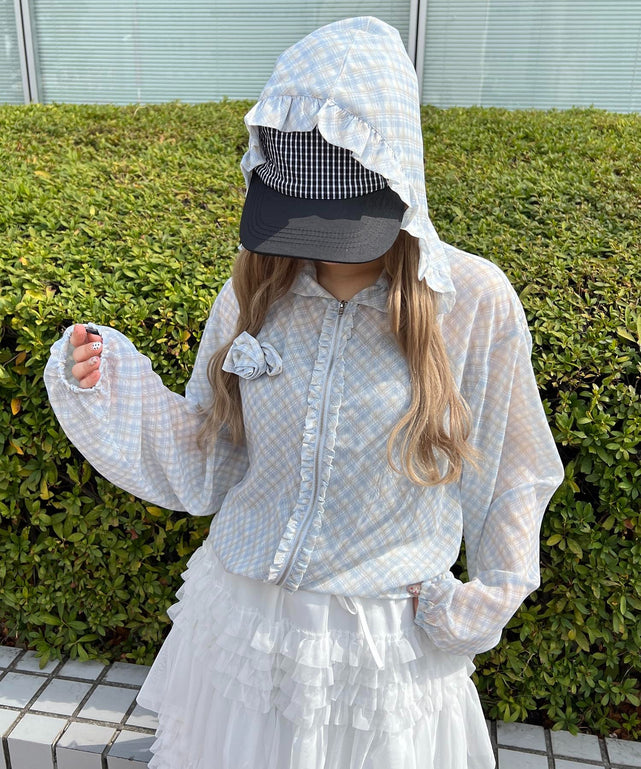 ローズモチーフシアーパーカー/サックス モデル：160㎝ F着用