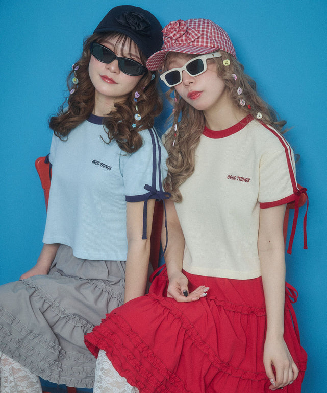 リボンポイント2ラインワッフルTシャツ/ホワイトアイボリー モデル：160㎝ F着用