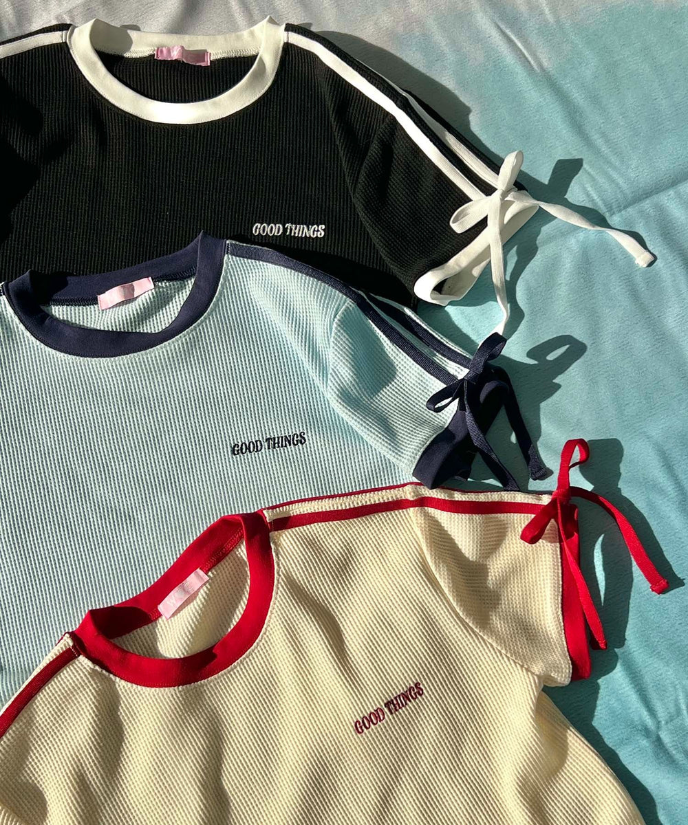 リボンポイント2ラインワッフルTシャツ