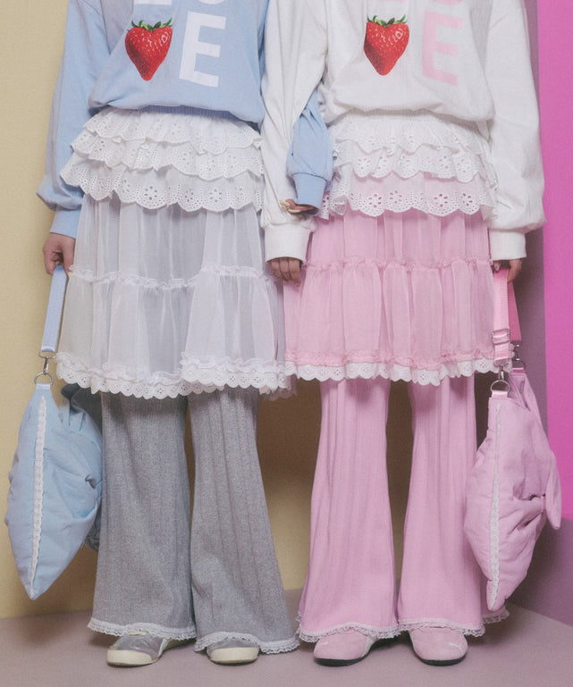 レースヘムワイドパンツ/ピンクモデル：160㎝ F着用