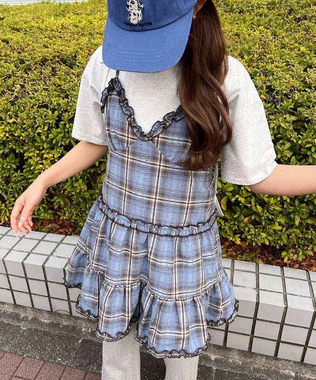 フリルチェックキャミワンピース/ブルー モデル：160㎝ F着用