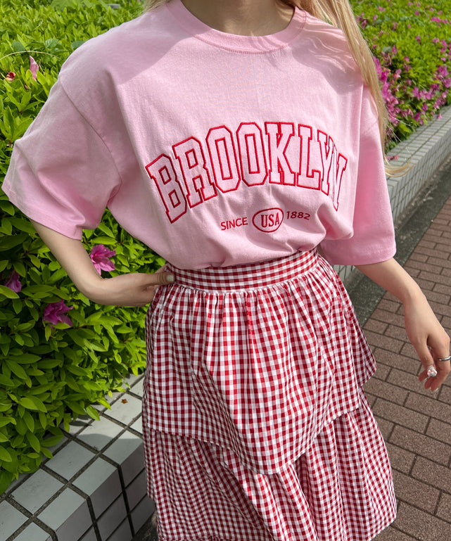 カレッジロゴビッグTシャツ/ピンク モデル：160㎝ F着用