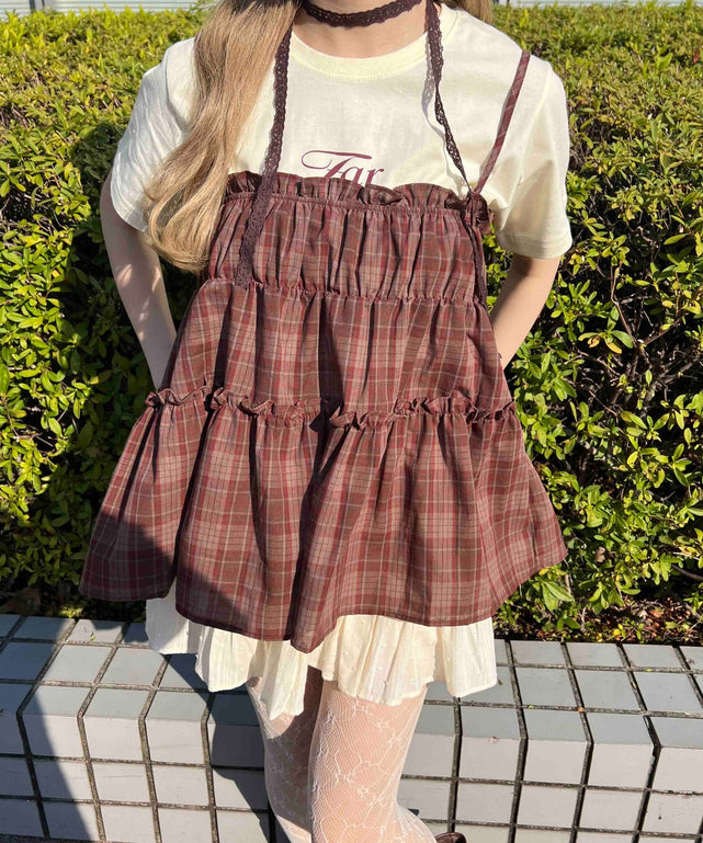 ティアードチェックキャミ/ブラウン モデル：160㎝ F着用