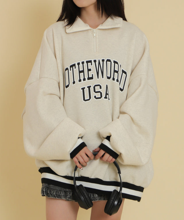 ラインリブハーフZIPビッグスウェット/オートミール モデル：147cm F着用