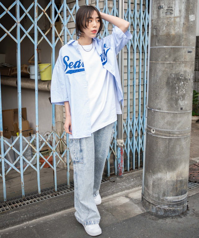 ブルー系ストライプ モデル：166cm L着用