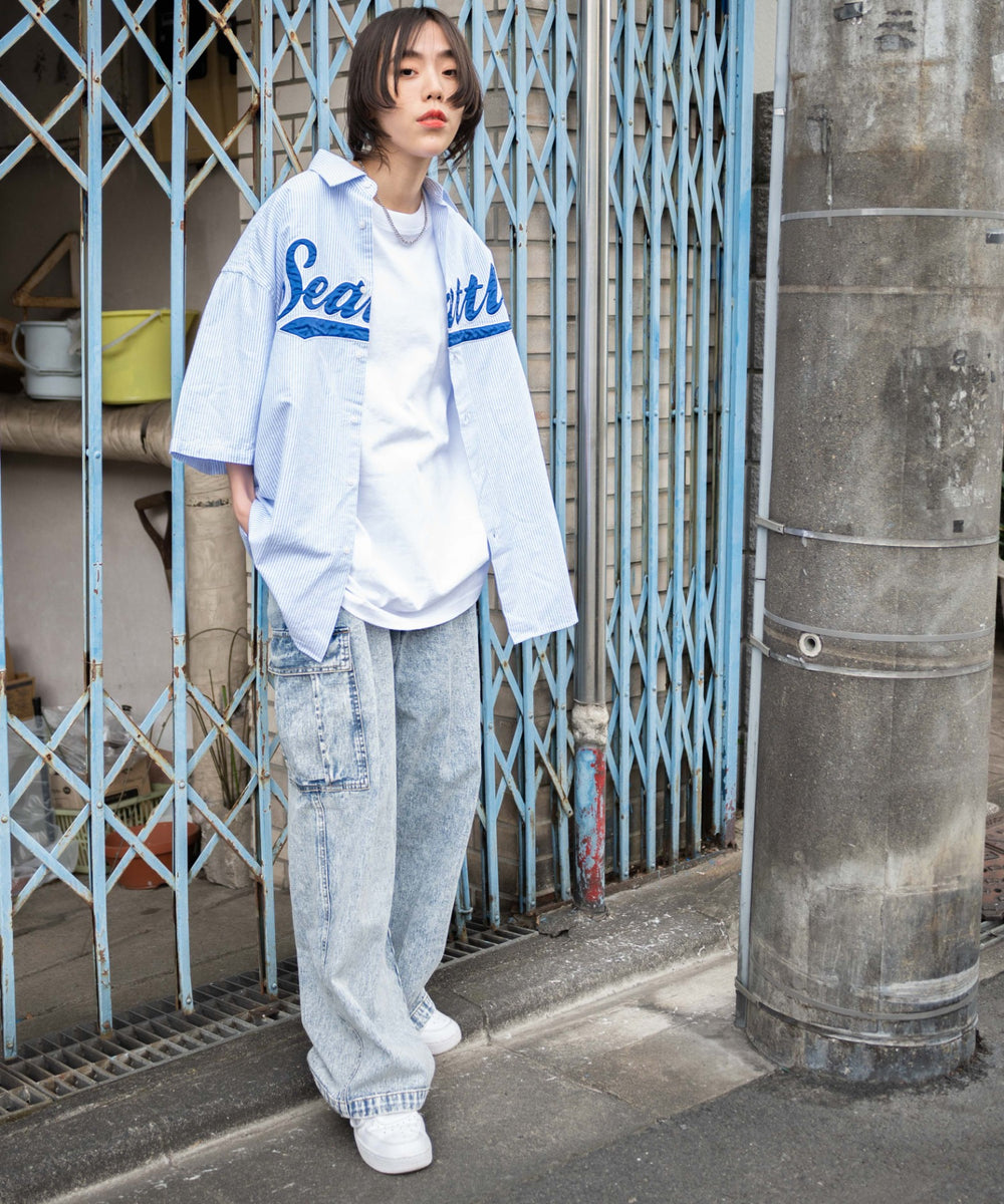 ブルー系ストライプ モデル：166cm L着用