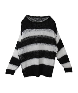 ボーダーモヘアタッチメッシュニットプルオーバー