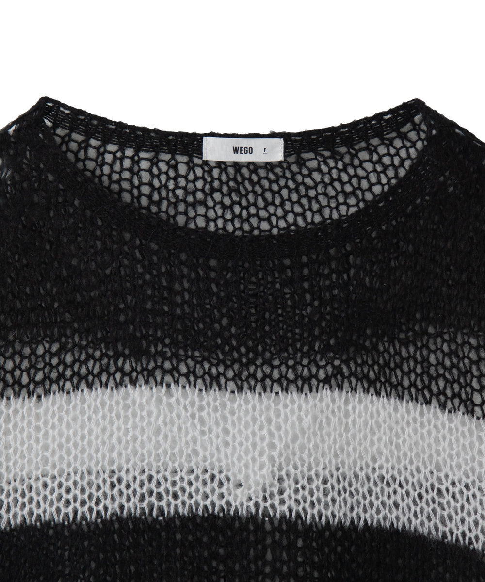 ボーダーモヘアタッチメッシュニットプルオーバー