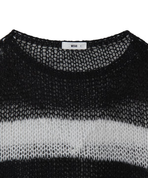 ボーダーモヘアタッチメッシュニットプルオーバー