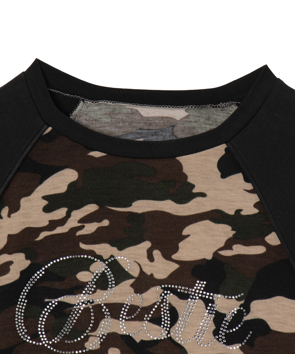 ラインストーンサイドドロストラグランロンT