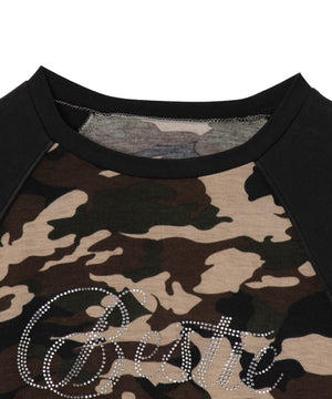 ラインストーンサイドドロストラグランロンT