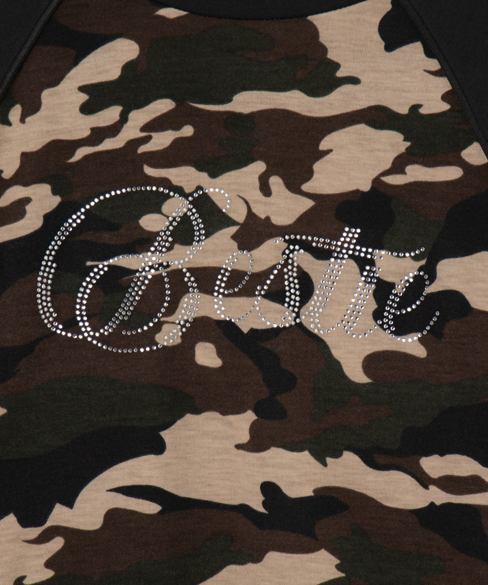 ラインストーンサイドドロストラグランロンT