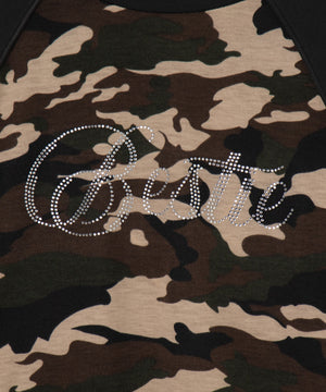 ラインストーンサイドドロストラグランロンT