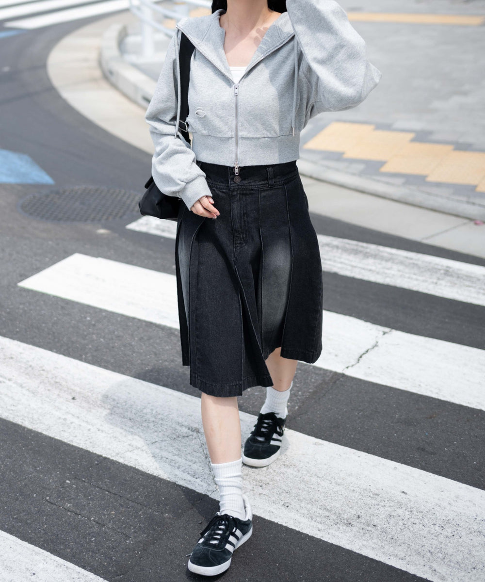 ヴィンテージウォッシュデニムプリーツミドルスカート