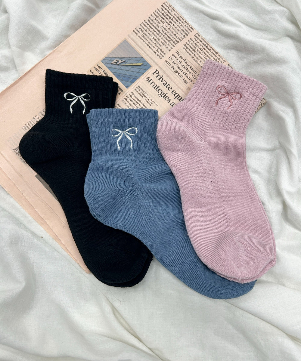 リボン刺繍アンクルパイルソックス(23-25cm)