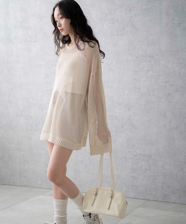 ハグオーワー⭐︎パターンメッシュニットプルオーバー　ホワイト ハグオーワー⭐︎パターンメッシュニットプルオーバー ホワイト