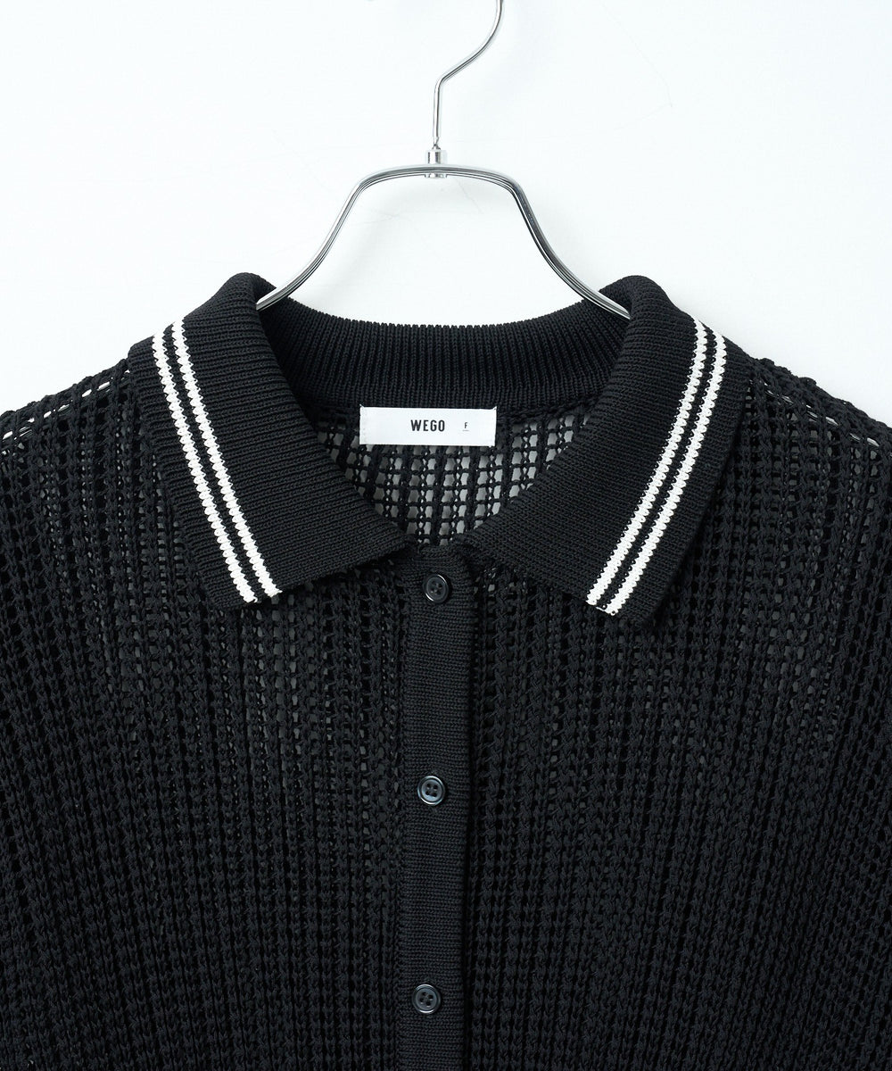 襟付きメッシュニットショートカーデ