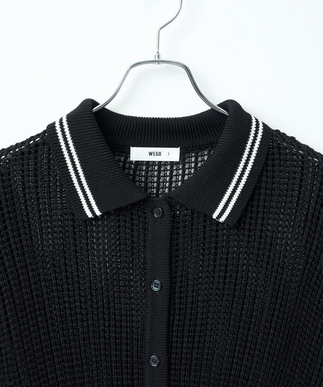 襟付きメッシュニットショートカーデ