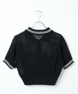 襟付きメッシュニットショートカーデ