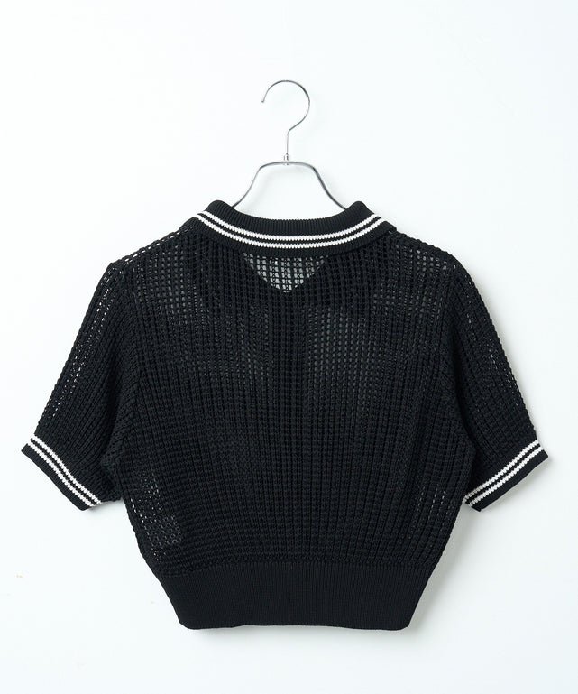 襟付きメッシュニットショートカーデ