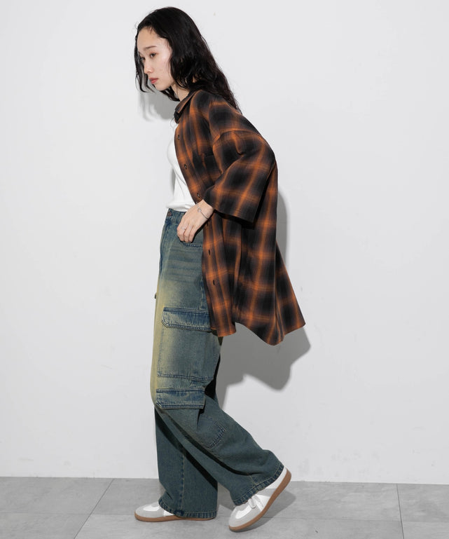オレンジ系チェック モデル：161cm L着用