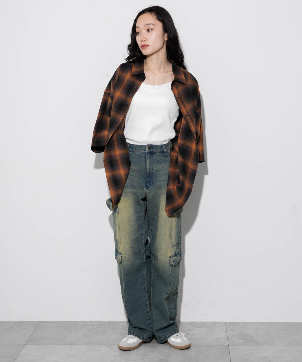 オレンジ系チェック モデル：161cm L着用