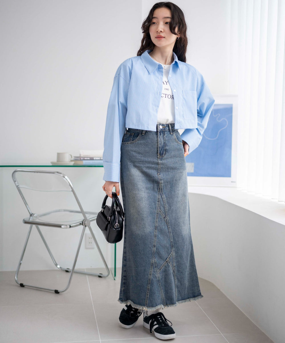 ブルー系ストライプ　モデル:163cm F着用