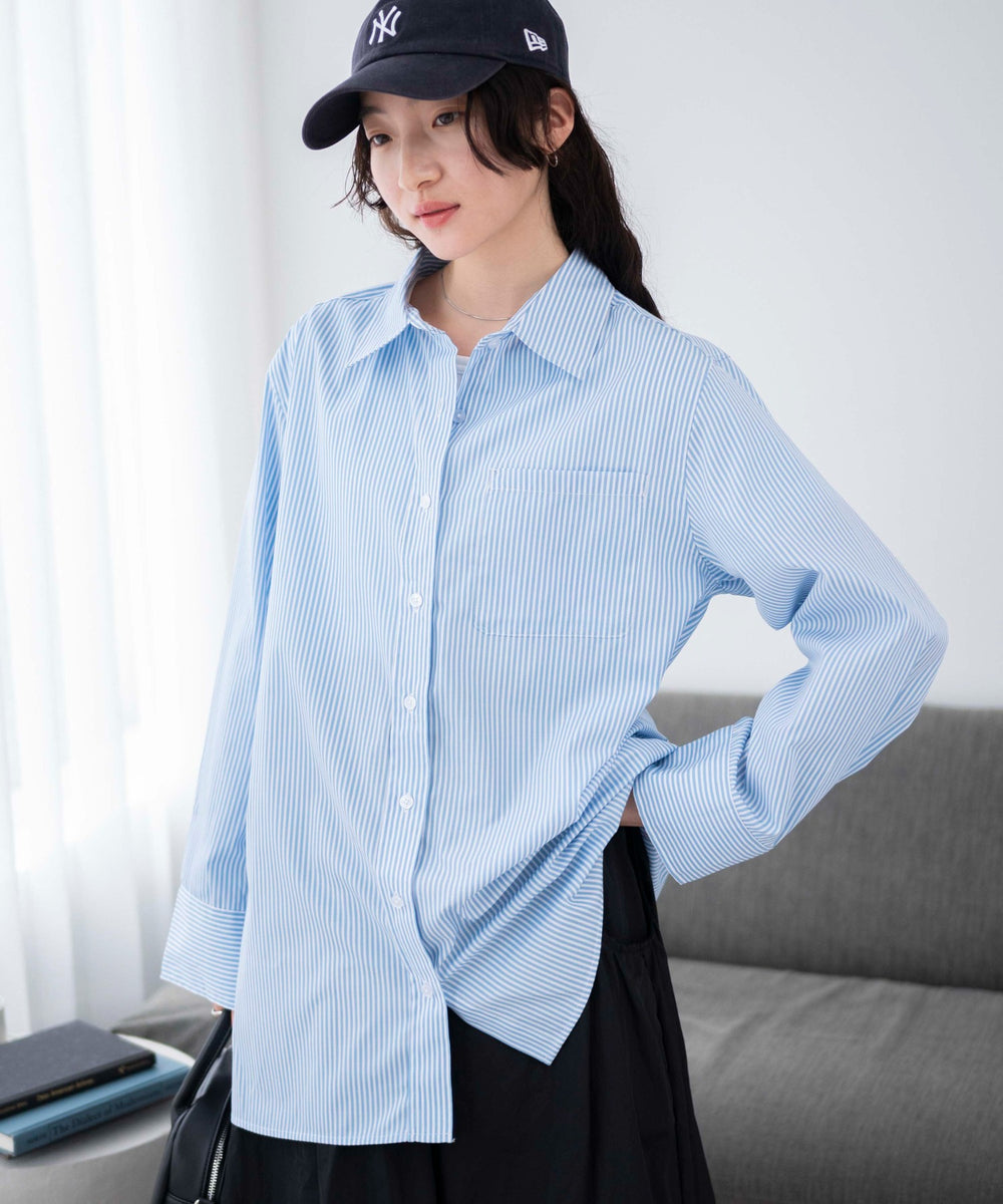 ブルー系ストライプ　モデル:163cm F着用