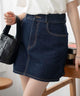 台形デニムミニスカート/デニム濃色　モデル:163cm M着用