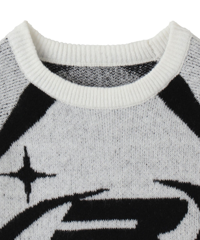 配色スポーツグラフィックフラッフィーニットプルオーバー