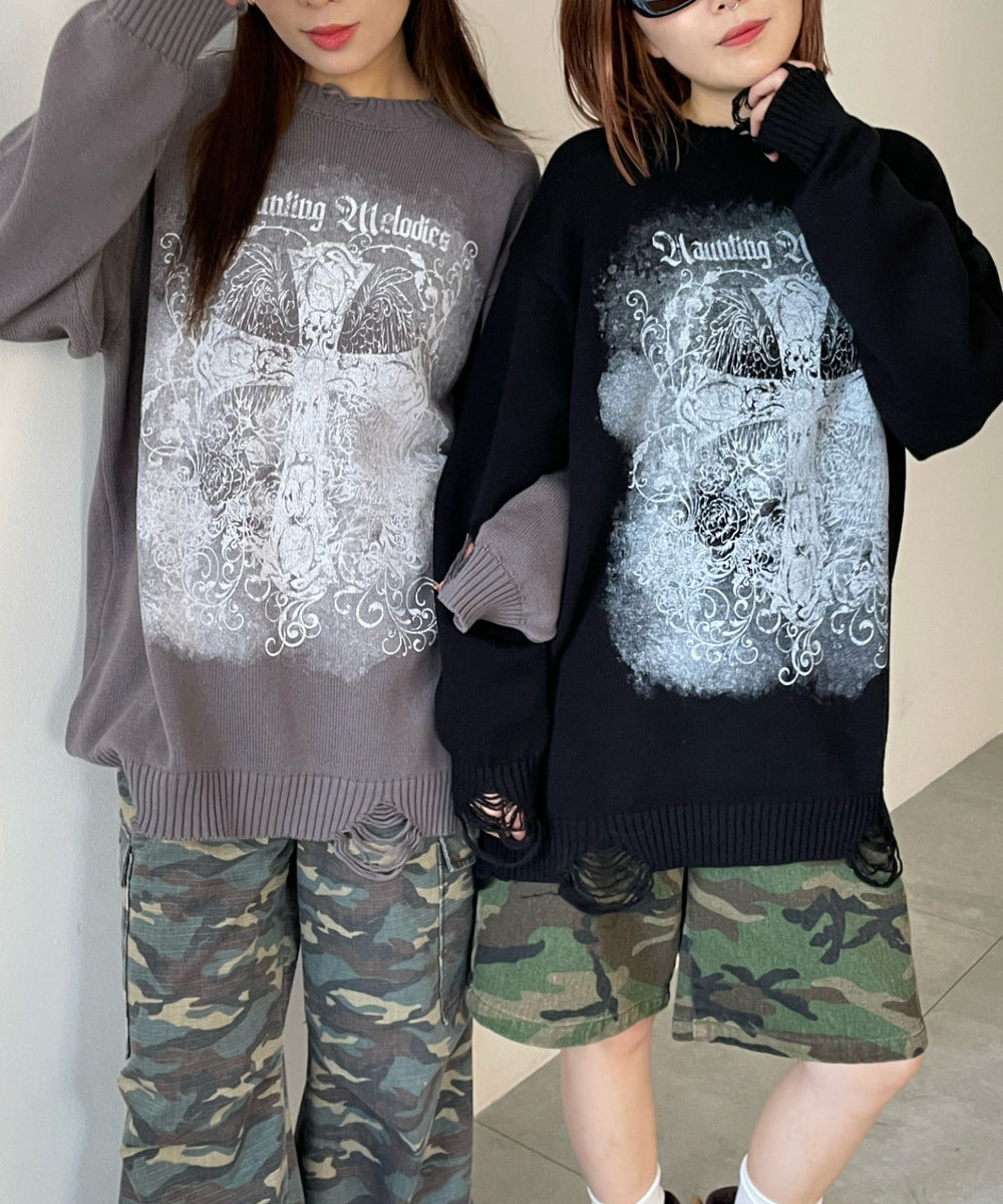 クラッシュBIGプリントニットプルオーバー