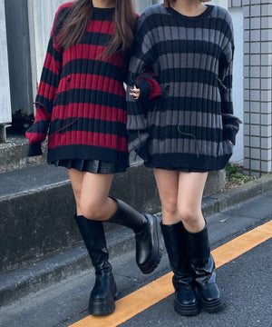 ボーダーワイドリブダメージニット