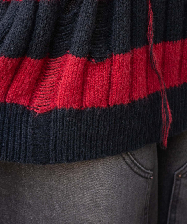 ボーダーワイドリブダメージニット