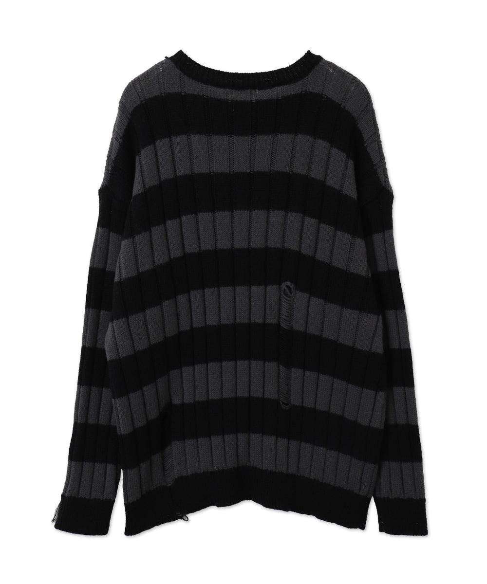 ボーダーワイドリブダメージニット