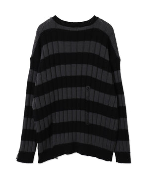 ボーダーワイドリブダメージニット