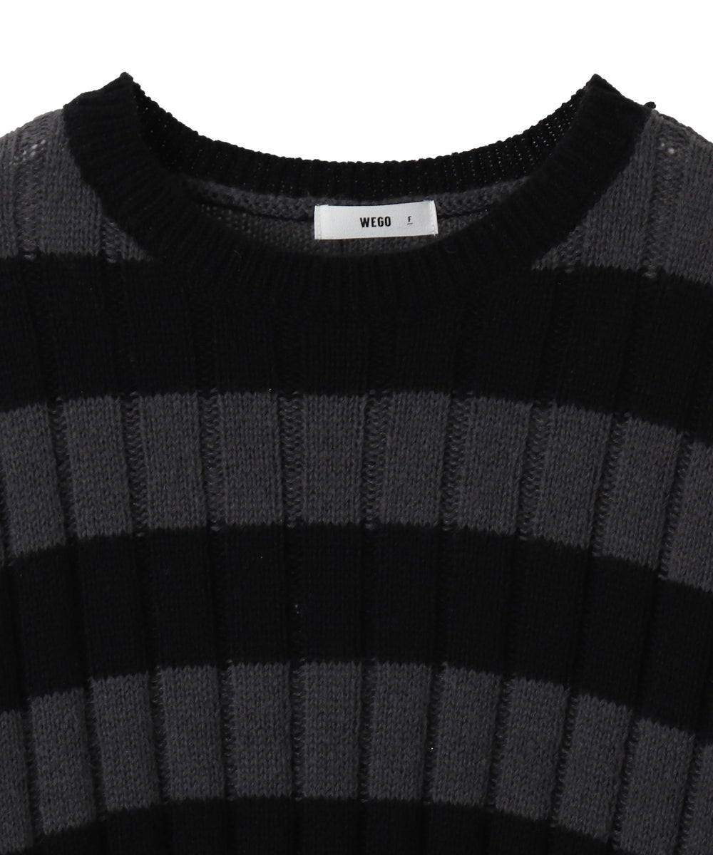 ボーダーワイドリブダメージニット