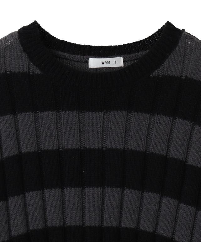 ボーダーワイドリブダメージニット