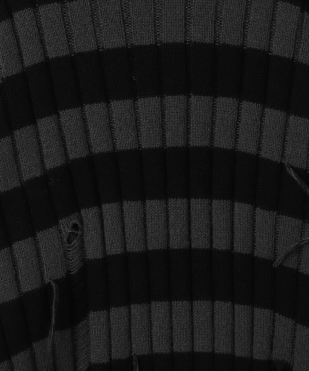 ボーダーワイドリブダメージニット