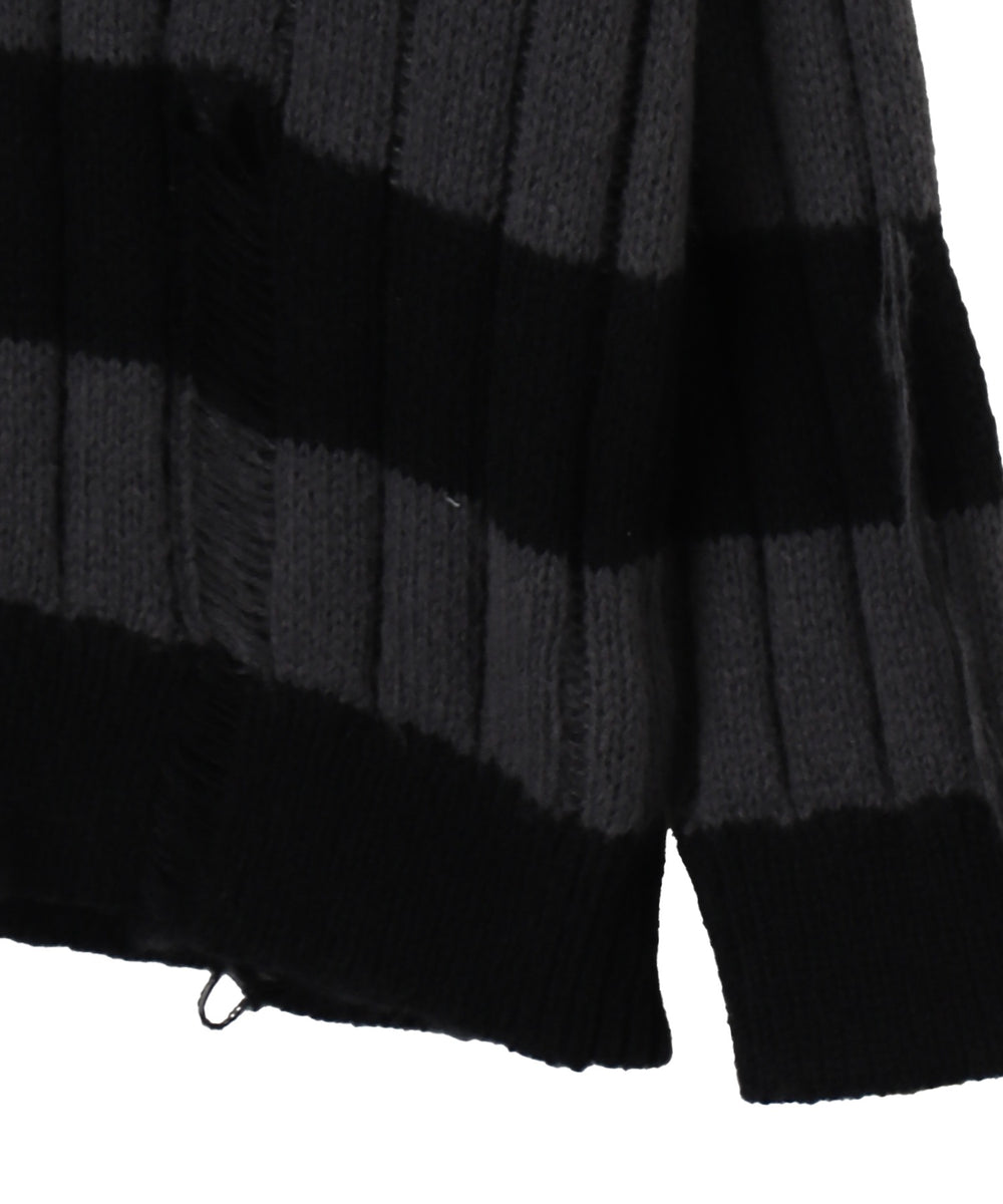 ボーダーワイドリブダメージニット