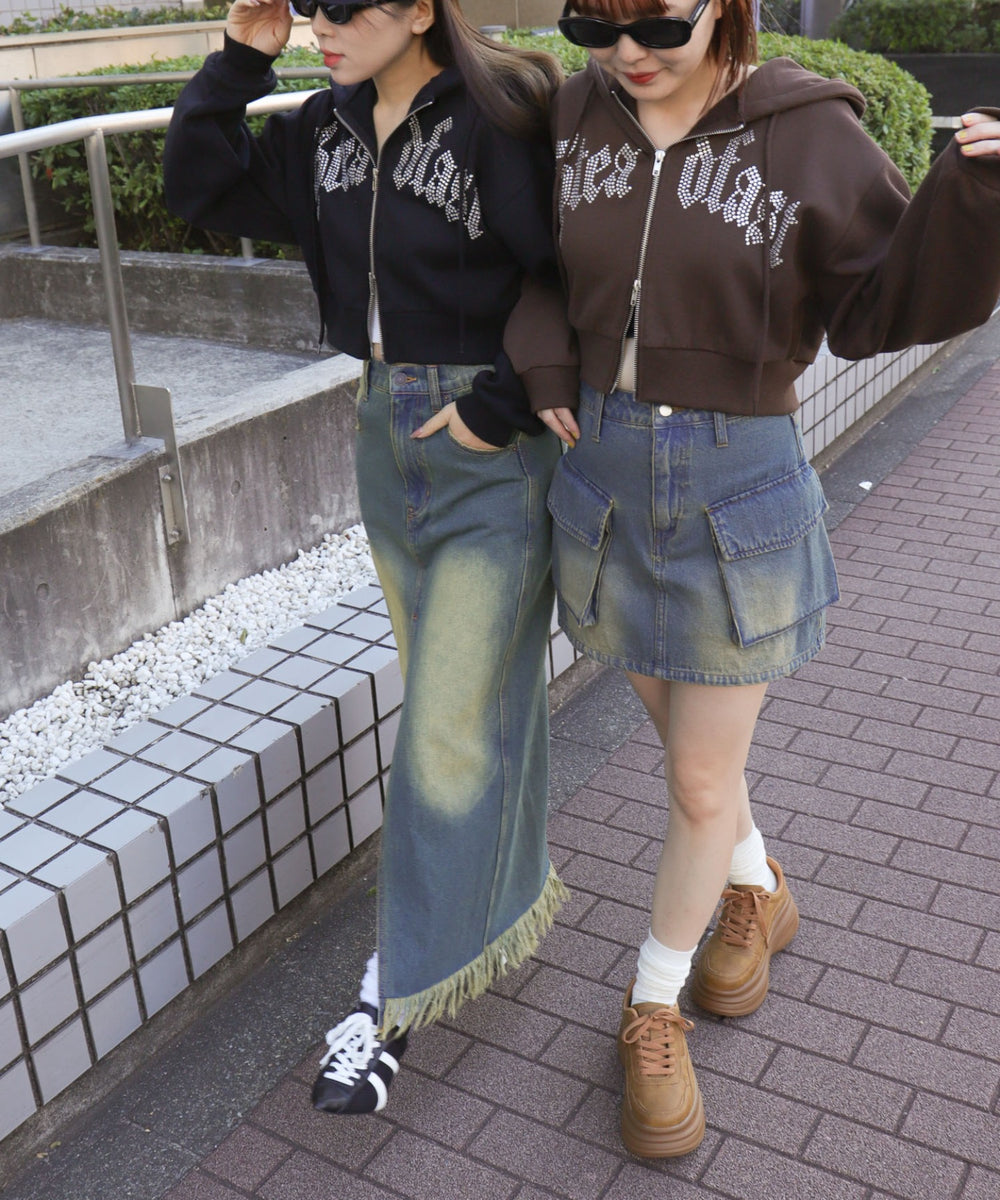 ラインストーン裏起毛ショートジップパーカー