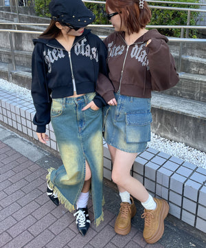 ラインストーン裏起毛ショートジップパーカー