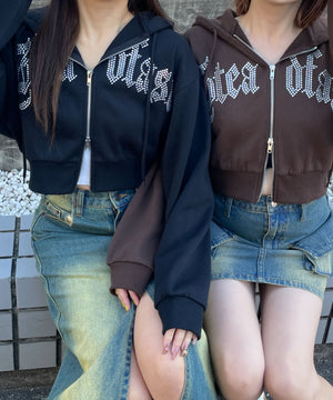 ラインストーン裏起毛ショートジップパーカー