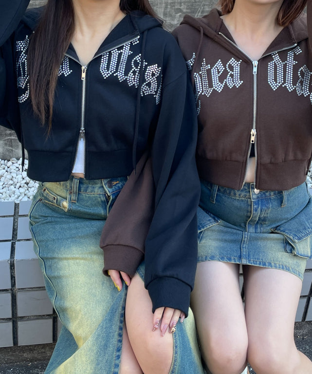 ラインストーン裏起毛ショートジップパーカー