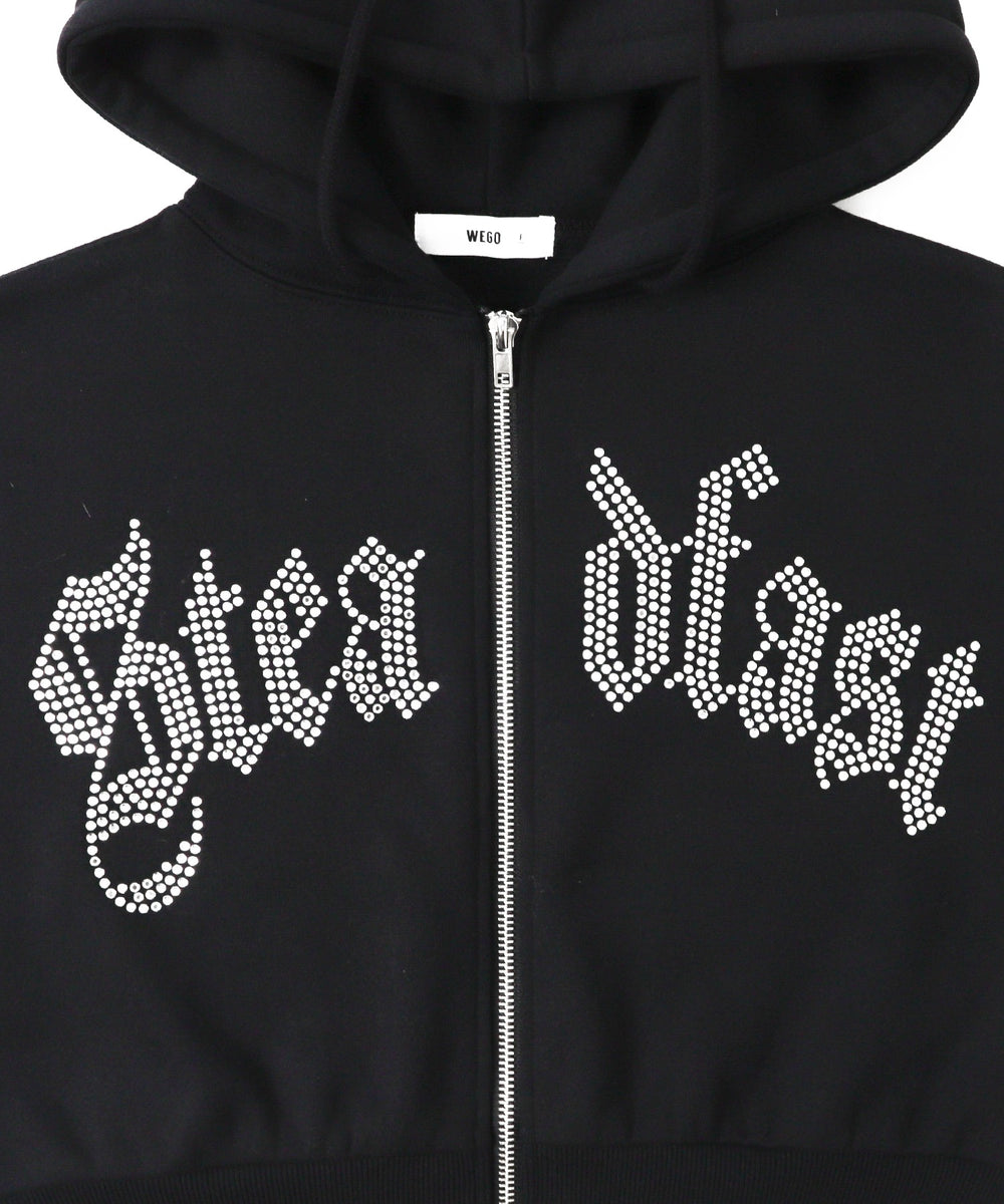 ラインストーン裏起毛ショートジップパーカー