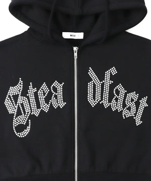 ラインストーン裏起毛ショートジップパーカー