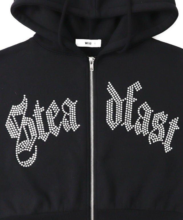 ラインストーン裏起毛ショートジップパーカー