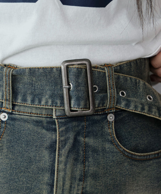 ベルト付デニムプリーツスカパン