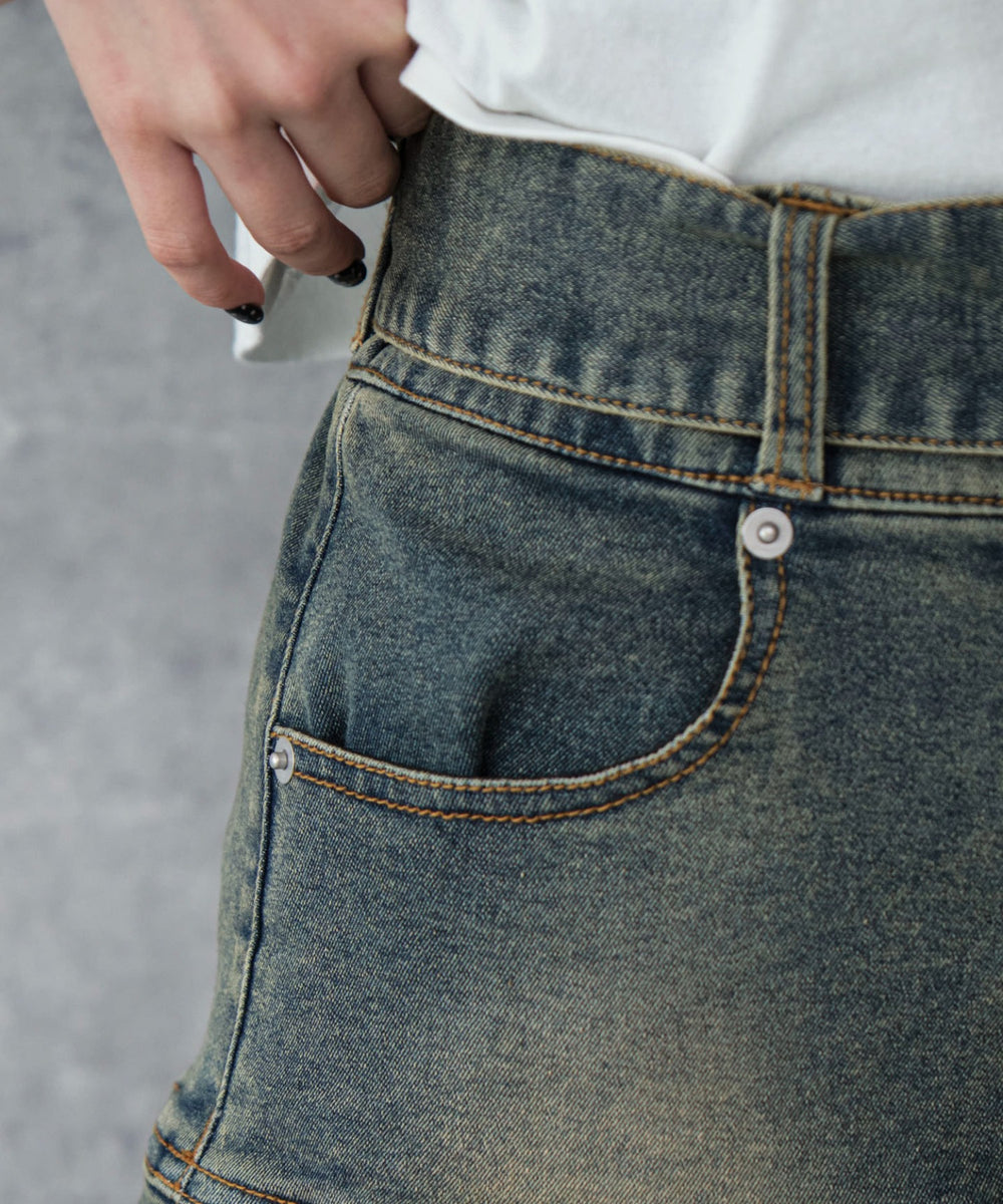 ベルト付デニムプリーツスカパン