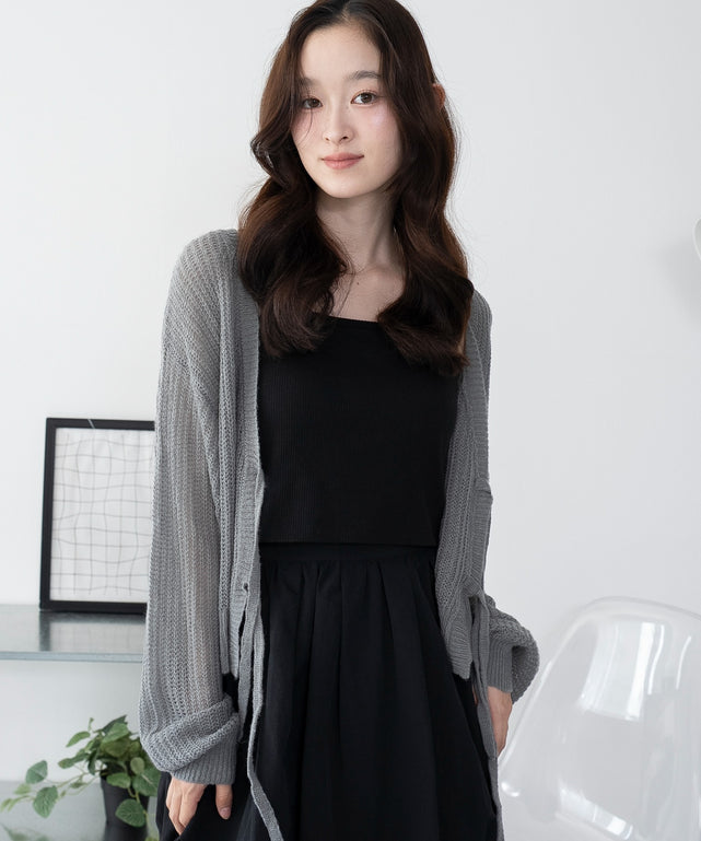 モヘアタッチ2WAYリボンカーデ/グレー モデル：163cm F着用