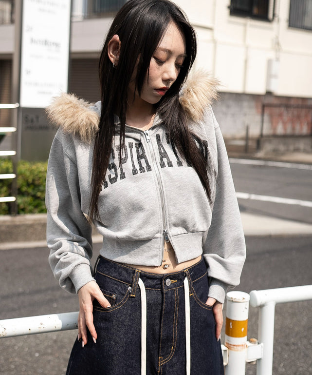 ファーフードショートZIPパーカー/杢グレー　モデル：159cm F着用